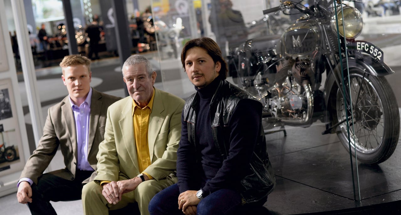 Nicholas John Kelleher, John Henry Kelleher and Matchless Chairman Franco Malenotti attend the Matchless Official Presentation of the model X Reloaded during the EICMA 2014 International Motorcycle Exhibition in Milan, Italy.