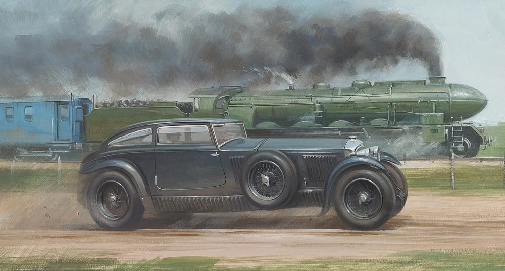 Graham Turner, 'Blue Train Bentley versus Le Train Bleu,'. Auctioned by Bonhams in 2004.
