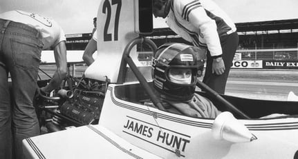 James Hunt appears a little queasy as he prepares for his first Silverstone GP, 1973
