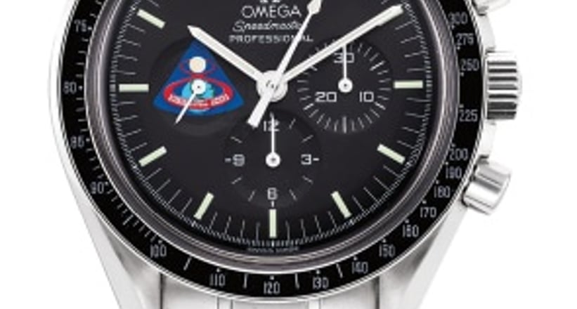 Omega A fine and rare stainless steel chronograph wristwatch with bracelet,  International Warranty, commemoration badge and presentation box, made to  commemorate the Apollo VIII mission