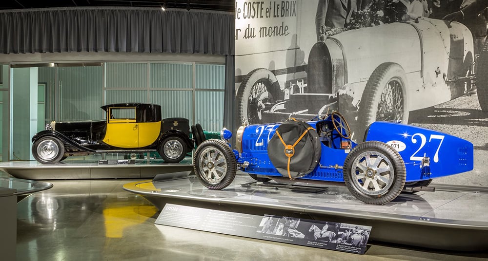 Bugatti Type 44 and Type 35, on display together at Petersen Automotive Museum’s The Art of Bugatti Exhibition Photo courtesy of the Petersen Automotive Museum © 2016